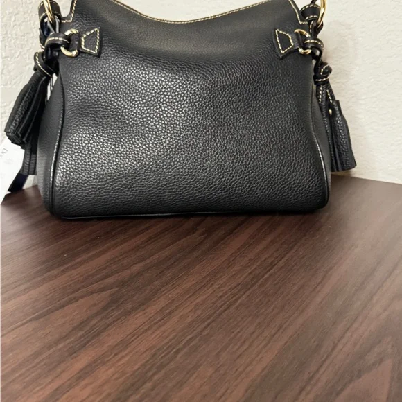 NEW! Dooney & Bourke Black Leather Tassel. Shoulder Bag with Gold Accents - Picture 8 of 9